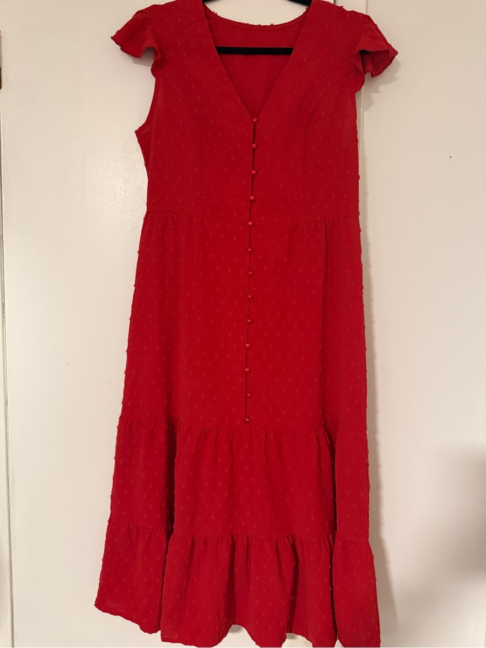 Red Tiered Button-Front women’s Dress - Picture 2 of 5